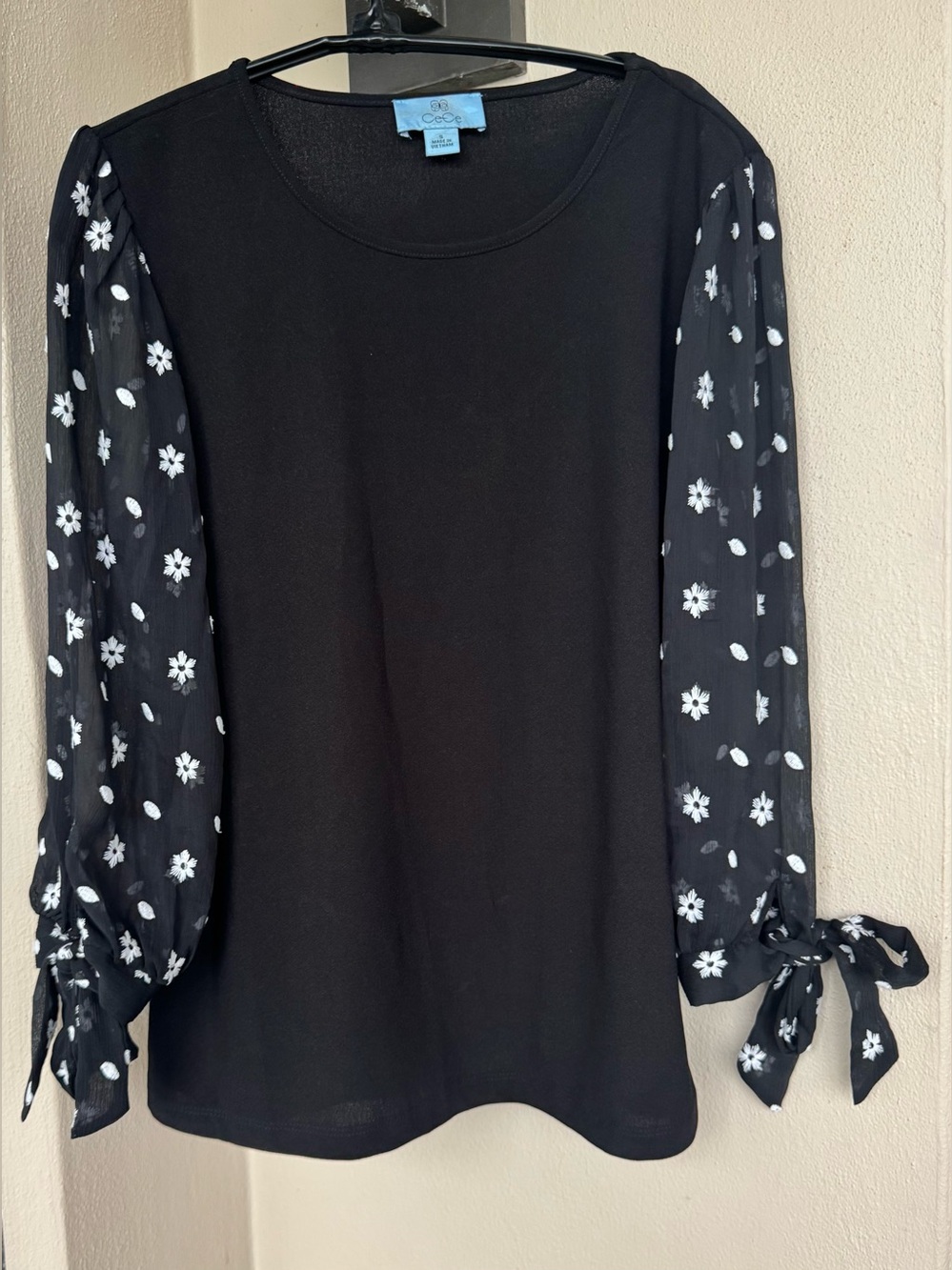 CeCe Black Chiffon Blouse Sheer 3/4 Tie Sleeves with Embroidered Flowers Small